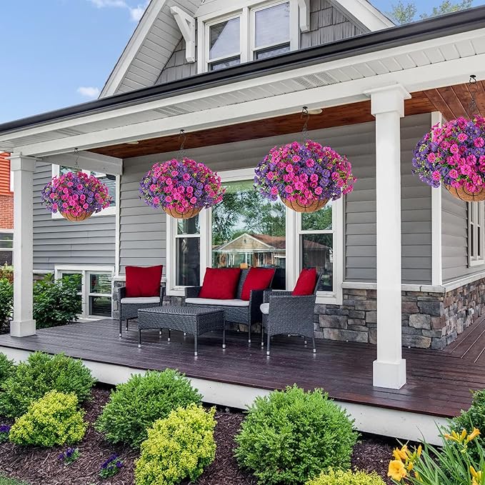 Artificial Faux Hanging Flowers Plants Basket for Spring Summer Outdoors Decoration, Silk Morning Glory with Eucalyptus Look Real UV Resistant Fake Flowers for Outside Porch Patio Balcony Home, Mix-Ruum Studio Home