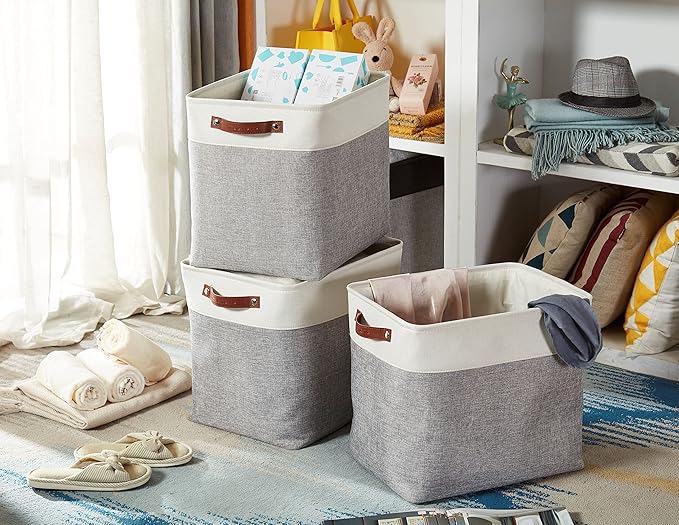 DECOMOMO Storage Baskets | Large Storage Bins 54.5L Fabric Baskets for Organizing Laundry Nursery Toys Cloth Linen Closet Organizers with Handles (Grey and White, XXXL - Jumbo/3P - 17" x 13" x 15")-Ruum Studio Home