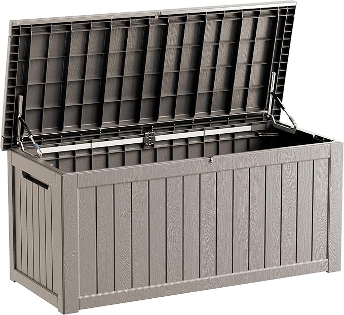 270 Gallon Lockable Resin Deck Box, Waterproof & UV-Resistant Outdoor Storage Box for Outdoor Cushion Storage, Garden Tools & Pool Accessories Storage, Gray-Ruum Studio Home