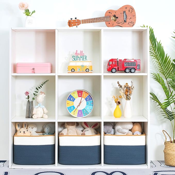MINTWOOD Design 3-Pack Storage Baskets for Shelves, Playroom and Classroom Storage Basket, Book Basket, Decorative Storage Cube Bins, Woven Closet Organizers, Pantry and Shoe Organizer, Prussian Blue-Ruum Studio Home