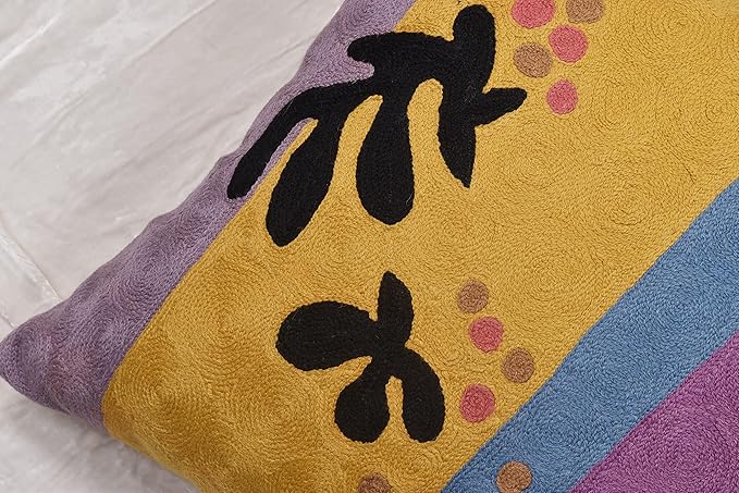 Matisse Gold Pillow Cover Purple Modern Pillowscase Chair Cushion Abstract Farmhouse Flower Outdoor Mid Century Hand Embroidered Wool Size 18x18-Ruum Studio Home