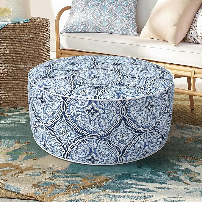Inflatable Ottoman Stool D21 xH9 for Outdoor/Indoor Use, Water Repellent Patio Foot Rest Stool with Portable Handle,Round Pouf Ottoman Suitable for Garden,Deck and Camping - Medallion Blue-Ruum Studio Home