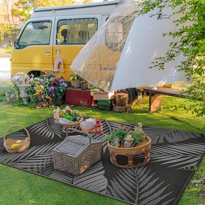 GENIMO Outdoor Rug 6' x 9' Waterproof for Patios Clearance, Reversible Outdoor Plastic Straw Camping Rug Carpet, Large Area Rugs Mats for RV, Camper, Deck, Balcony, Porch, Beach, Picnic, Black&Grey-Ruum Studio Home