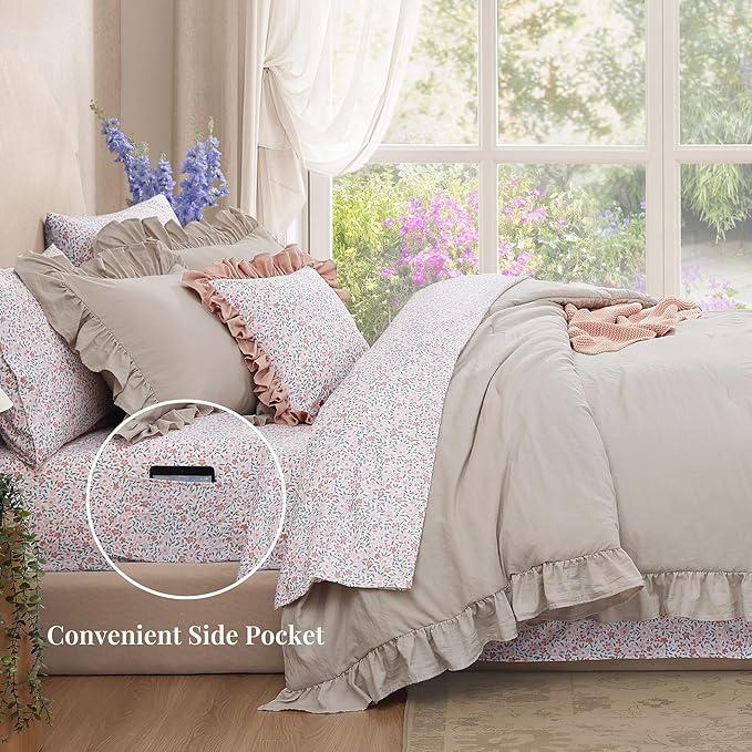 Full Comforter Set - 7 Pieces Ruffle Beige Bedding Sets, Shabby Chic Farmhouse Bed in a Bag Full with Ruffle Comforter, Floral Sheets, Pillowcases & Shams-Ruum Studio Home