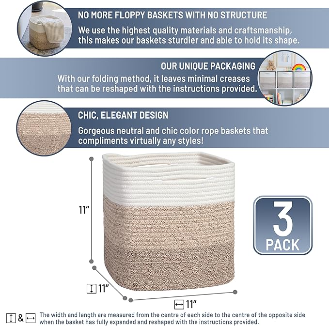 NaturalCozy Storage Cubes 11 Inch Cotton Rope Woven Baskets for Organizing, 3-Pack | Cube Storage Bin | Square Storage Baskets for Shelves Organizer, Classroom, Kids Toy Bins, Closet, Baby Nursery-Ruum Studio Home
