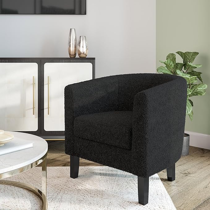 BELLEZE Living Room Chairs Set of 2, Teddy Polyester Accent Barrel Chairs, Club Tub Sofa Chairs for Bedroom, Corner Chairs with Flared Legs and Cozy Soft Padding - Highland (Teddy Black)-Ruum Studio Home
