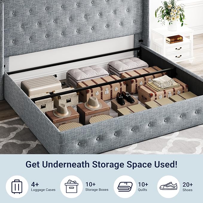 Allewie King Size Lift Up Storage Bed, Button Tufted Headboard with Wingback, Hydraulic Support, No Box Spring Needed, Grey Blue-Ruum Studio Home