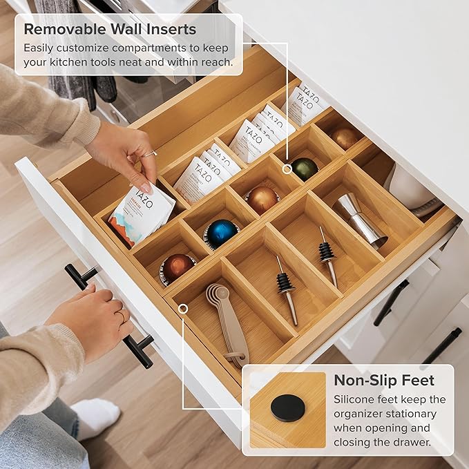 Premium Tea Bags and Coffee Pods Drawer Organizer – Small 9-Compartment Design with Removable Wall Inserts, Non-Slip Feet, 100% Sustainable Bamboo-Ruum Studio Home
