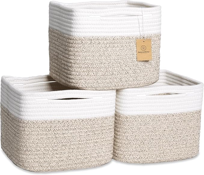 NaturalCozy Storage Cubes 9”x9”x7”Cotton Rope Woven Baskets for Organizing 3-Pack | 9 Inch Cube Storage Bin | Small Basket for Shelf Nursery, Pantry, Decorative Plant, Bathroom Closet, Toy Gift-Ruum Studio Home