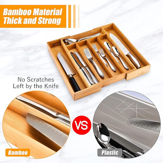 Bellsal Silverware Organizer Kitchen Drawer Organizer Expandable Bamboo Utensil Holder Cutlery Tray for Kitchen Utensil and Flatware Bedroom Office-Ruum Studio Home