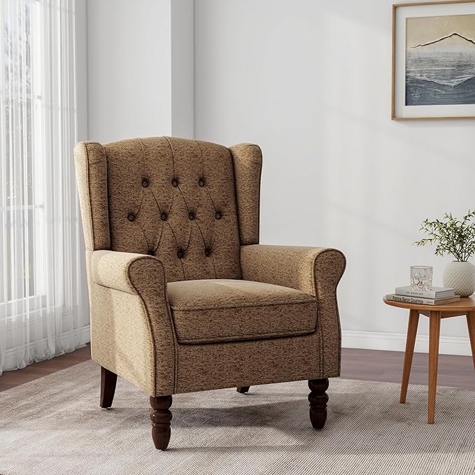 Accent Chair, Upholstered Armchair with Button Tufted High Back & Solid Wood Legs, Comfy Wingback Reading Single Sofa Chair for Small Spaces, Living Room, Bedroom (Brown, Set of 1)-Ruum Studio Home