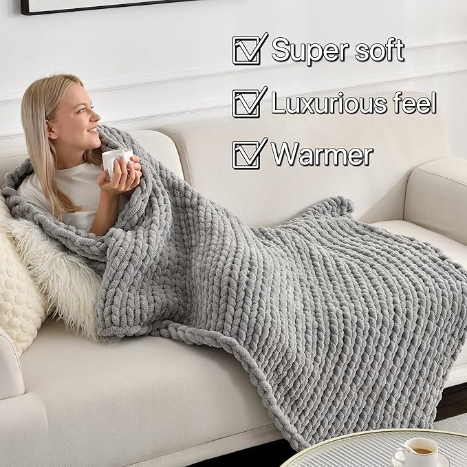 Maetoow Tighter Version Chenille Chunky Knit Blanket Throw （50×60 Inch）, Handmade Warm & Cozy Blanket Couch, Bed, Home Decor, Soft Fleece Banket, Boho Thick Blankets and Giant Yarn Throws，Light Grey-Ruum Studio Home
