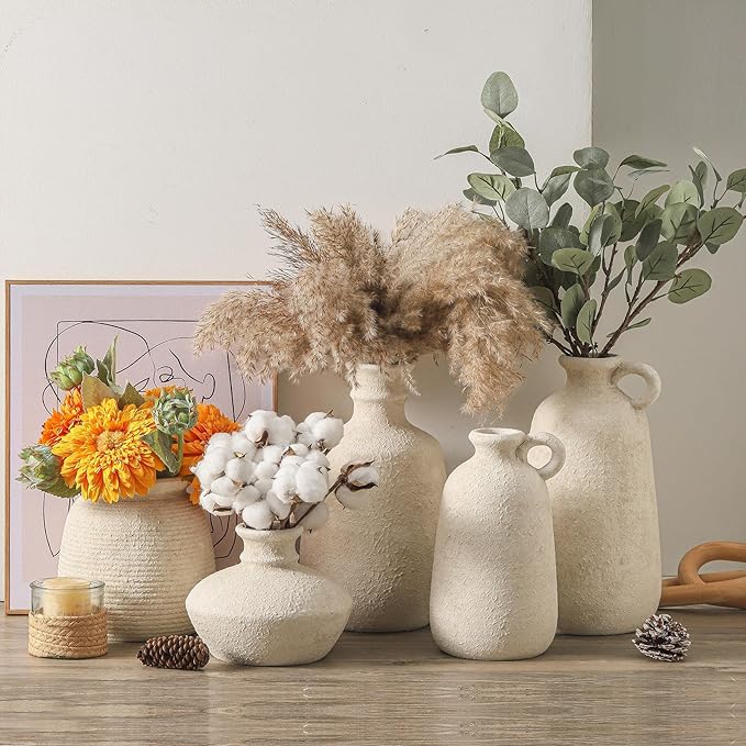 Ceramic Rustic Vase, 12.8" Large Flower Vases Home Decor Pottery Farmhouse Decorative Vase Boho Neutral Pampas Vases for Mantel Entryway Table Living Room Shelf Kitchen-Ruum Studio Home