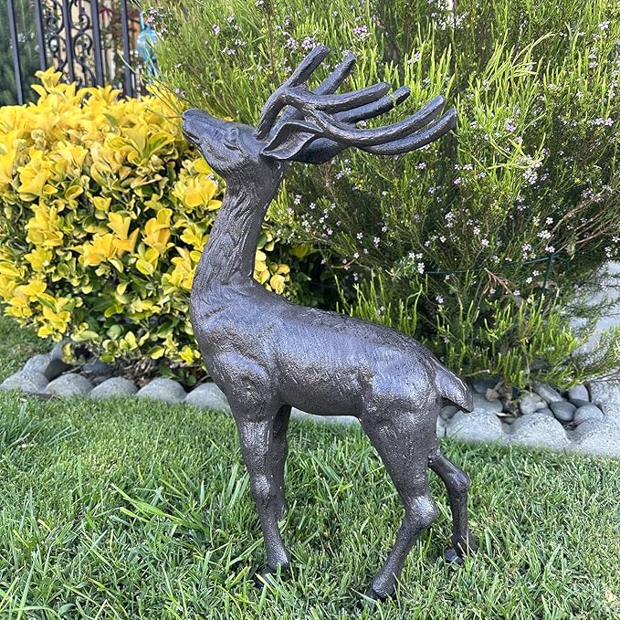 Cast Iron Deer Statue（22" Tall）, Realistic Large Antler Sculpture, Outdoor Garden Decor for Lawn Patio Yard, Indoor Home Art Figure HC5691-Ruum Studio Home
