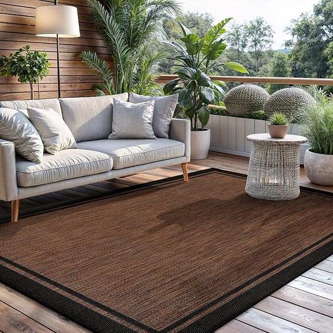 CAMILSON Indoor Outdoor Rug, 5x7 Bordered Nut Brown Black Modern Area Rugs for Indoor and Outdoor Patios, Kitchen and Hallway Mats, Washable Porch Deck Outside Carpet (Bordered Nut Brown Black, 5 x 7)-Ruum Studio Home