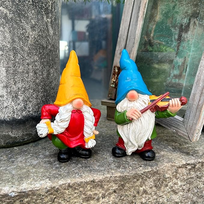 Garden Gnome Duo Decorative Figurines 5.5“ Ornament for Indoor Outdoor Home Garden Decor，Musical Violin Player and Dancing, Colorful Outdoor Statues, Set of 2-Ruum Studio Home