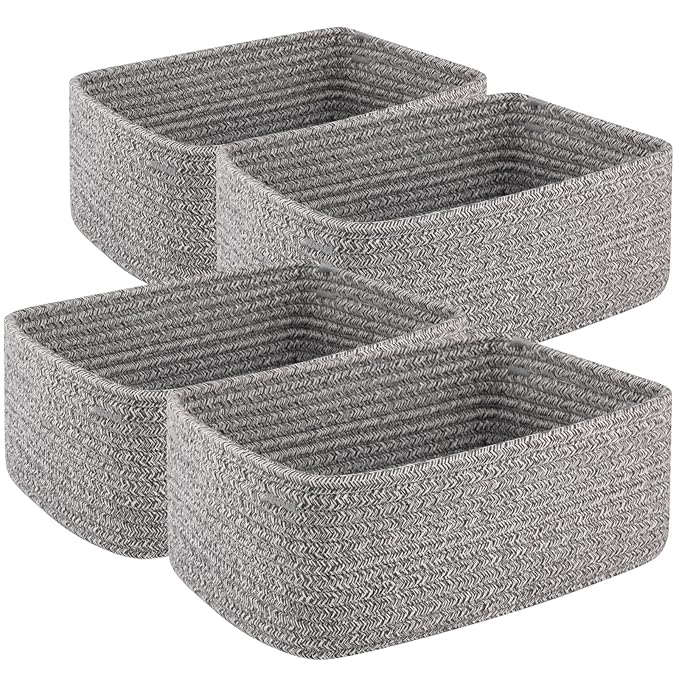 4 Pack Small Storage Shelf Baskets for Organizing, Mini Woven Rope Storage Bins for Towels, Cute Decorative Closet Organizer，Baby Nursery, Gift Empty Baskets -11.81''Lx7.87''Wx4.72''H-Grey-Ruum Studio Home