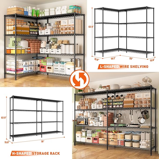 REIBII 70"W Metal Shelving, Storage Shelves 4-tier Wire Shelving Unit Load 1240LBS Metal Shelves for Storage Adjustable Shelving Rack for Pantry Kitchen Commercial school Garage 70"W*15.8"D*62.9"H-Ruum Studio Home