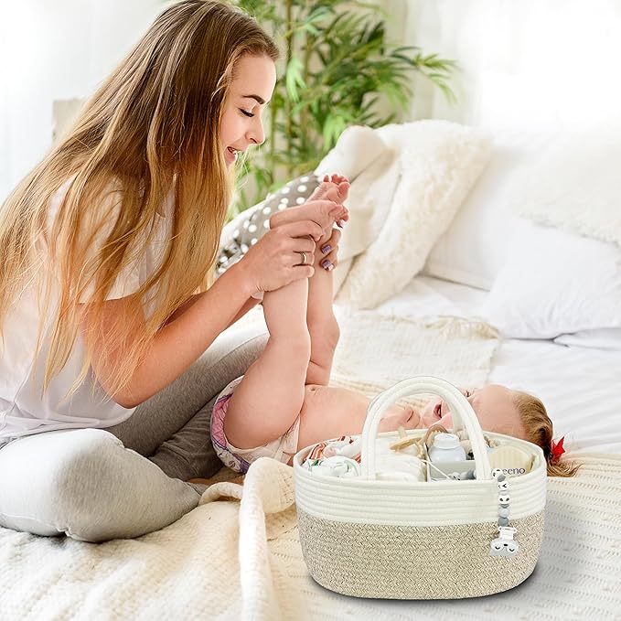 Large Baby Diaper Caddy Organizer for Girl Boy Rope Nursery Storage Bin Basket Portable Holder Tote Bag for Changing Table Car Travel Baby Shower Gifts Newborn Registry Must Haves White and Brown-Ruum Studio Home