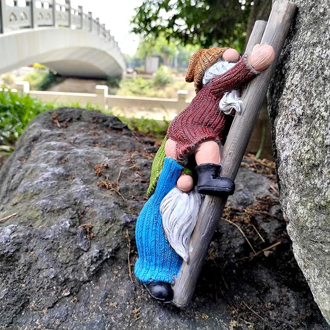 Garden Gnome Statue, Funny Climbing Ladder Gnomes Figurine Resin Sculpture Outdoor Decor for Patio Yard Lawn Porch Ornaments Gift-Ruum Studio Home