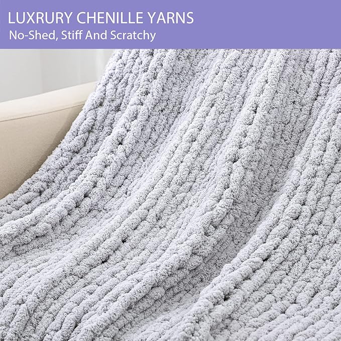Bigacogo Chunky Knit Throw Blanket for Couch, 40x80 inches, 100% Hand Knitted with Thick Jumbo Chenille Yarn, Cozy Soft Large Rope Knot Cable Crochet Blankets for Sofa Bed Living Room, Light Grey-Ruum Studio Home
