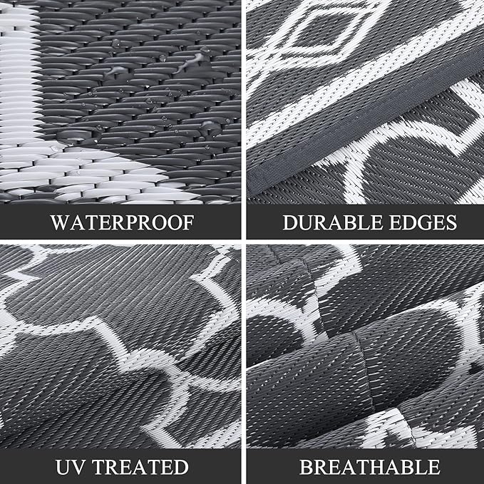 GAOMON Reversible Outdoor Rug 9'x18' Waterproof Plastic Straw Rug, Patio Rug, Large Modern Area Rug Carpet, Indoor Outdoor Rugs for Camping, Porch, Deck, Balcony, Backyard, Grey/White(Geometric)-Ruum Studio Home