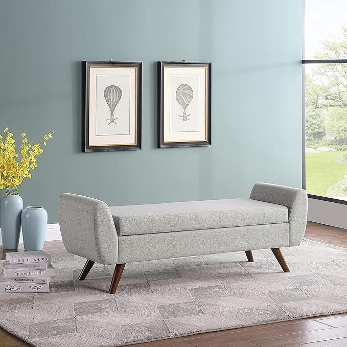 HomePop Modern Storage Bench with Wood Legs Home Décor|Bench with Storage for Living Room & Bedroom - Light Gray Woven-Ruum Studio Home