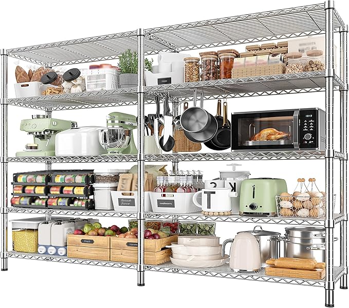 REIBII 1500LBS Storage Shelves 61.7''W Wire Shelving Unit 5 Tier Metal Shelving for Storage Rack Shelves Heavy Duty Garage Shelf Pantry Shelves Kitchen Shelving, 61.7" W*72.4" H*15.8" D, Chrome-Ruum Studio Home