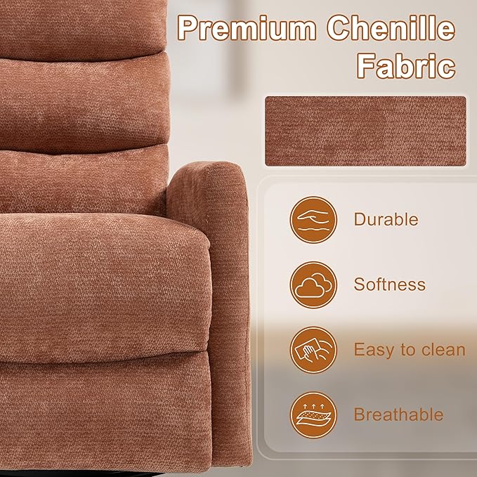 Manual Swivel Rocker Recliner Chair for Adults, Overstuffed Reclining Glider Chair for Nursing with Vibration Massage & Heat, Living Room Rocking Recliner 3-Stage backrest, Chenille Fabric Orange-Ruum Studio Home