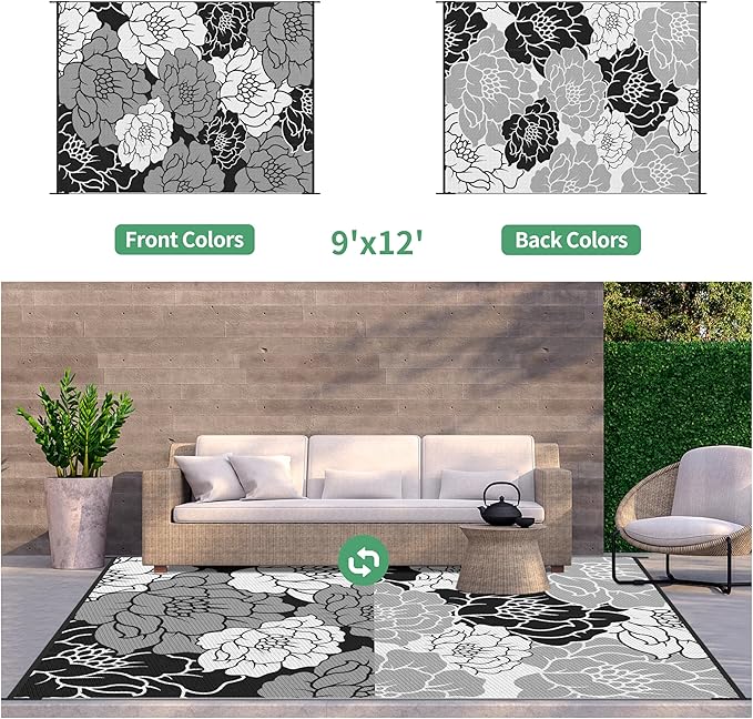 GENIMO Outdoor Rug Waterproof for Patio Decor, 9' x 12' Reversible Plastic Straw Floral Camping Carpet, Large Area Rugs Mats for RV, Camper, Deck, Balcony, Porch, Beach, Picnic, Mix-Black & White-Ruum Studio Home