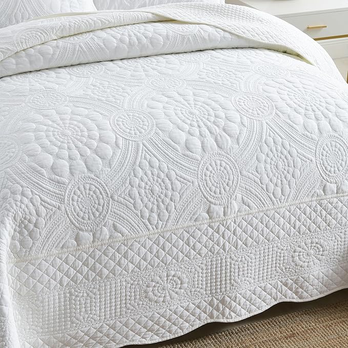MarCielo 3-Piece 100% Cotton Oversized Bedspread Lightweight Quilt Coverlet Embroidery Farmhouse Bedding (Tf Bright White, Oversized Queen (100"x106"))-Ruum Studio Home