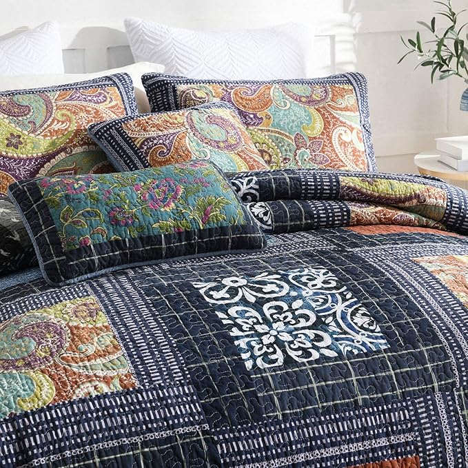 NEWLAKE Bedspread Quilt Set with Real Stitched Embroidery, Paisley Grid Pattern,Queen Size-Ruum Studio Home
