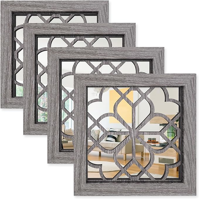 4pcs Farmhouse Wall Mirror with Carved Floral Design -Rustic Mirror Decor for Home, 12x12 inch(Brown)-Ruum Studio Home