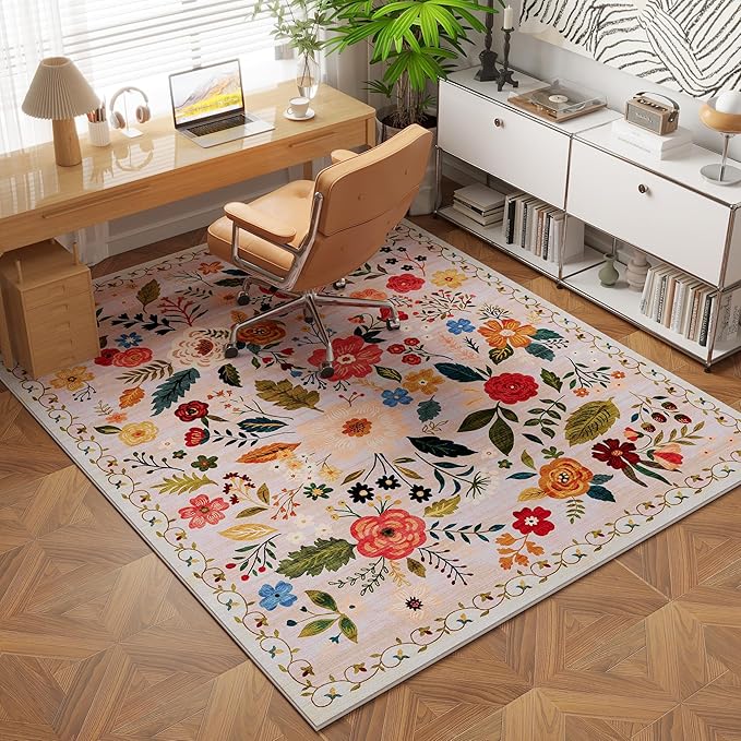 Bedroom Rug 3x5 Rug Washable Area Rug Non Slip Low Pile Boho Floral Small Carpet for Bedroom, Bedside, Kitchen, Entryway, Kids Room, Office, College Dorm Essentials for Girls(Beige)-Ruum Studio Home