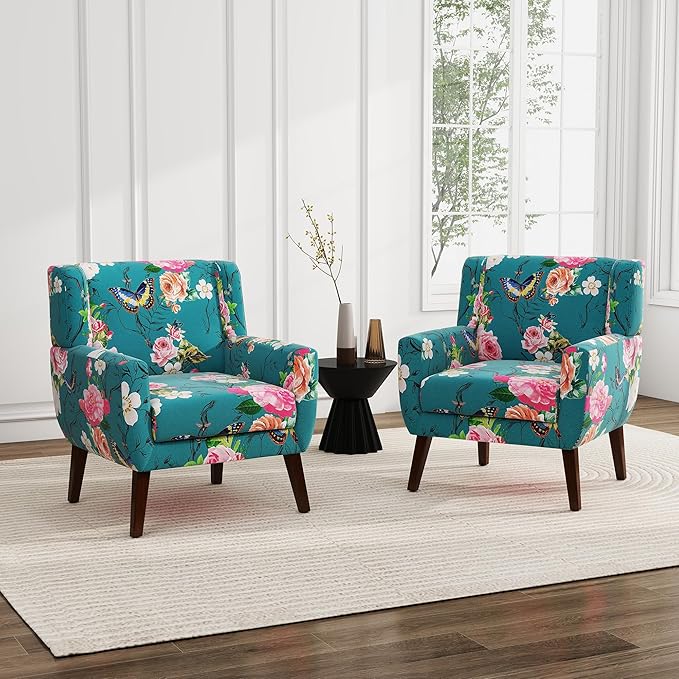 UIXE Floral Accent Chair, Modern Upholstered Armchair in Fabric for Living Room, Comfy Club Arm Chairs Single Sofa Button Tufted Bedroom Reading Seat - Pattern Blue, Set of 2-Ruum Studio Home
