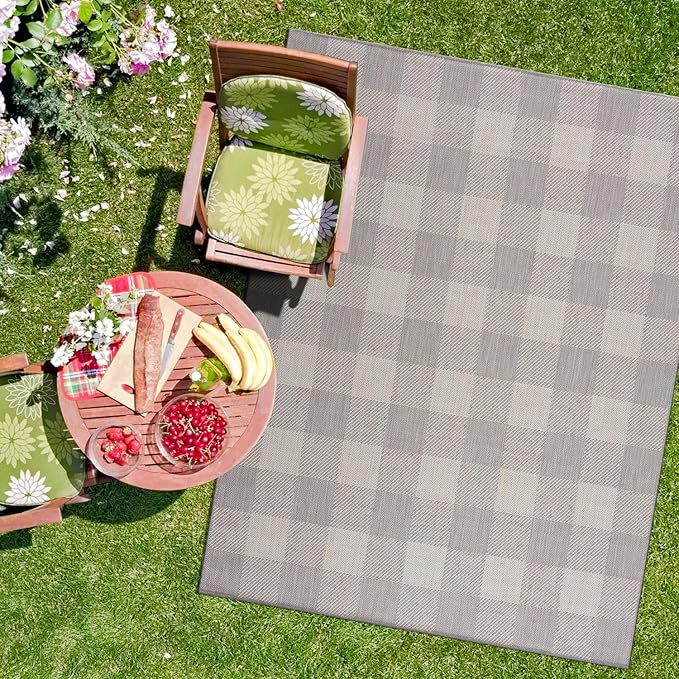 CAMILSON Outdoor Rug - Modern Area Rugs for Indoor and Outdoor Patios, Kitchen and Hallway mats - Easy Cleaning Non Shedding Washable Outside Carpet (5x7, Buffalo - Grey/White)-Ruum Studio Home