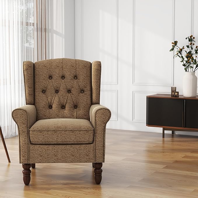 UIXE High Back Accent Chair, Upholstered Armchair in Fabric, Retro Wingback Arm Chair for Living Room, Comfy Single Sofa Bedroom Reading Seat with Solid Wood Legs - Brown-Ruum Studio Home