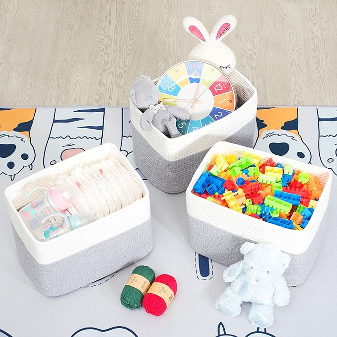 MINTWOOD Design 3-Pack Storage Baskets for Shelves, Playroom and Classroom, Book Basket, Decorative Storage Cube Bins, Woven Closet Organizers, Pantry and Shoe Organizer, Grey-Ruum Studio Home