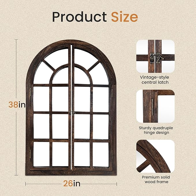 Arched Wall Mirror with Window Design, 38"x26" Rustic Farmhouse Wood Mirror for Wall Decor, Decorative Vintage Arch Mirror for Living Room, Bedroom, Entryway-Ruum Studio Home