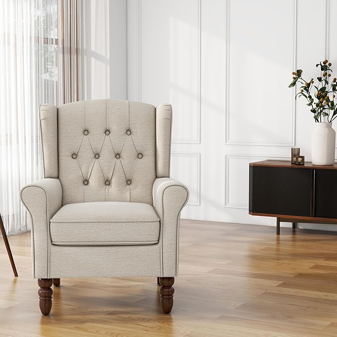 UIXE High Back Accent Chair, Upholstered Armchair in Fabric for Living Room, Retro Wingback Arm Chair Comfy Single Sofa Bedroom Reading Seat with Solid Wood Legs - Beige-Ruum Studio Home