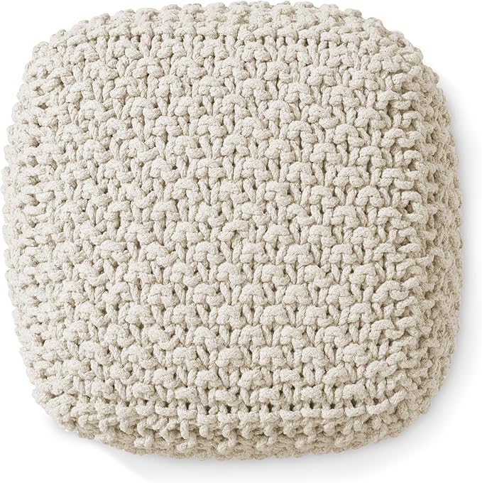 Casafield Square Pouf Ottoman, Natural - 18.5" W x 18.5" D x 14.5" H Cotton Knit Foot Stool - Boho Floor Pouffe for Living Room, Bedroom, Home Office-Ruum Studio Home