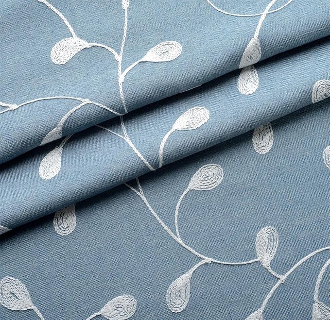 MIUCO Floral Embroidery Semi Sheer Curtains Faux Linen Grommet Curtains for Bedroom 52 x 63 Inch 2 Panels, Dusty Blue-Ruum Studio Home