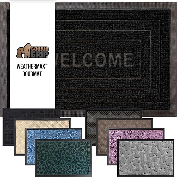 GORILLA GRIP 100% Waterproof All-Season WeatherMax Doormat, US Designed Natural Rubber, Stain and Fade Resistant, Low Profile Indoor Outdoor Door Mats, Easy Clean Patio Mat, 17x29, Black Welcome-Ruum Studio Home