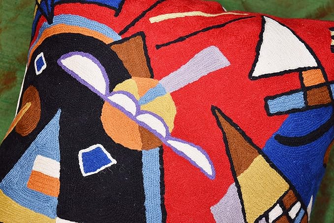 Kandinsky Contemporary Throw Pillow Cover - Bright | Red Modern Pillow Cases | Abstract Accent Pillows | Contemporary Couch Cushions | Hand Embroidered Cushion | Wool Size 18x18-Ruum Studio Home