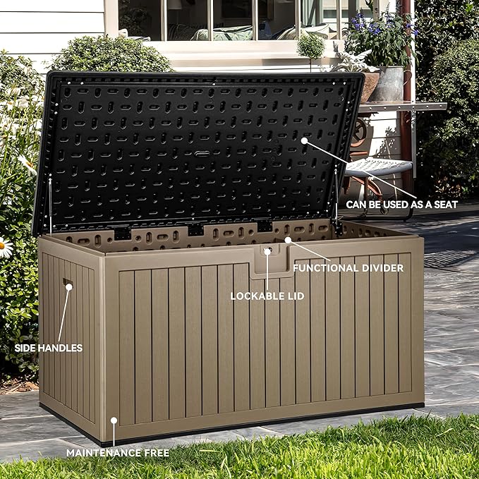 YITAHOME 230 Gallon Double-Wall Deck Box with Divider & Side Handles, Outdoor Large Storage for Patio Furniture Cushions, Garden Pool Accessories, Water Resistant & Lockable-Ruum Studio Home