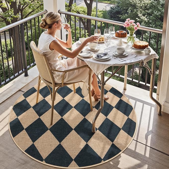 Lahome Checkered Round Entryway Rug 4ft, Circle Indoor Outdoor Patio Rug Washable Farmhouse Easy Jute Kitchen Rugs, Contemporary Non Slip Round Carpet for Bedroom Front Porch-Ruum Studio Home