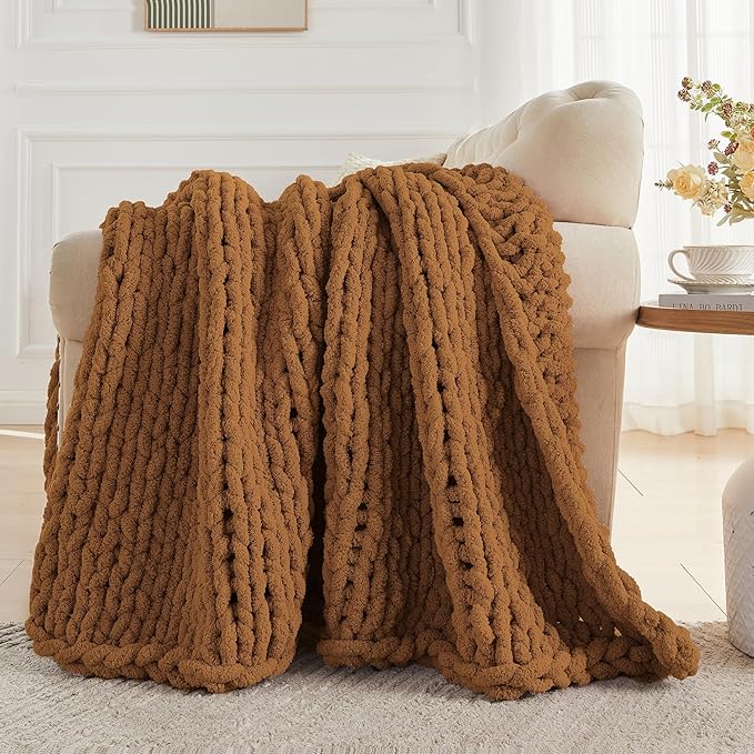 Carriediosa Chunky Knit Throw Blanket 60" X 80" Twin, 100% Hand Made Large Chenille Loop Yarn Soft Fluffy Throws for Couch Sofa Bed, Big Crochet Cozy Heavy Thick Cable Woven Blanket, Light Brown-Ruum Studio Home