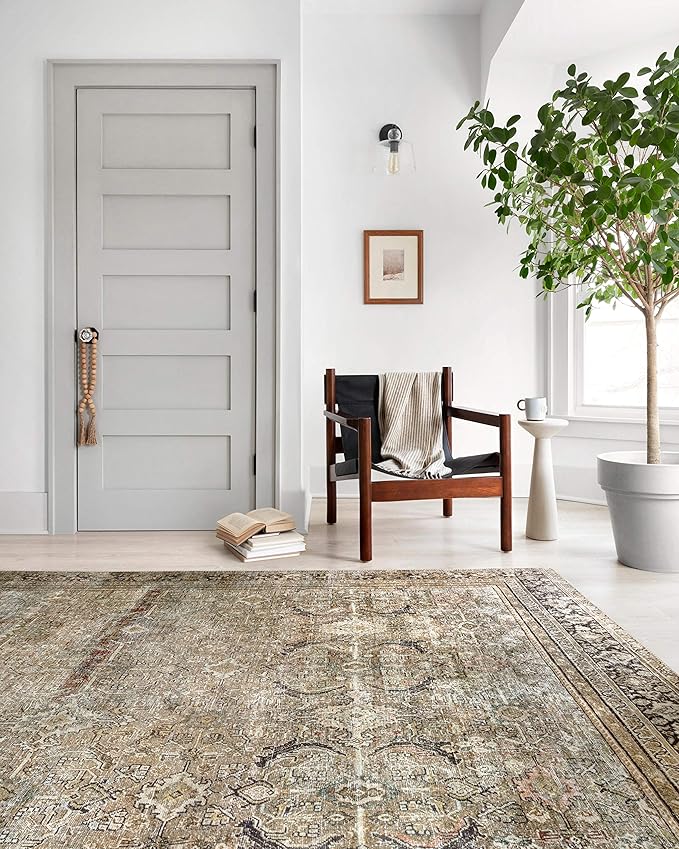 Loloi Layla Collection LAY-03 Olive/Charcoal 9'-6" x 14' .13" Thick Area Rug, Soft, Durable, Vintage Inspired, Distressed, Low Pile, Non-Shedding, Easy Clean, Printed, Living Room Rug-Ruum Studio Home