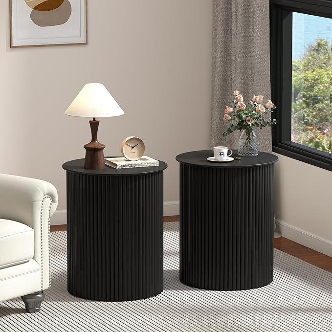 AVZEAR Fluted Round Side Table Small Mid Century End Table, 17.7" Fluted Nightstands Modern Circle Bedside Tables, Black Wood Night Stand for Small Spaces, Living Room, Bedroom (Black)-Ruum Studio Home