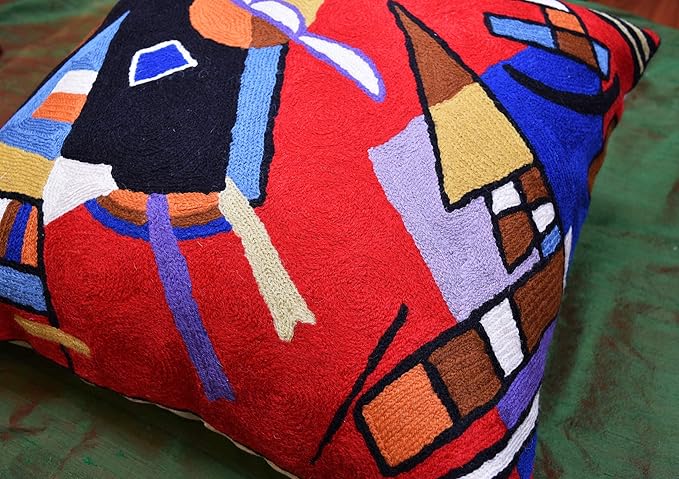 Kandinsky Contemporary Throw Pillow Cover - Bright | Red Modern Pillow Cases | Abstract Accent Pillows | Contemporary Couch Cushions | Hand Embroidered Cushion | Wool Size 18x18-Ruum Studio Home